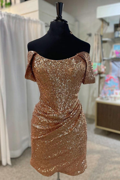Magenta Sequin Off-the-Shoulder Ruched Cocktail Dress