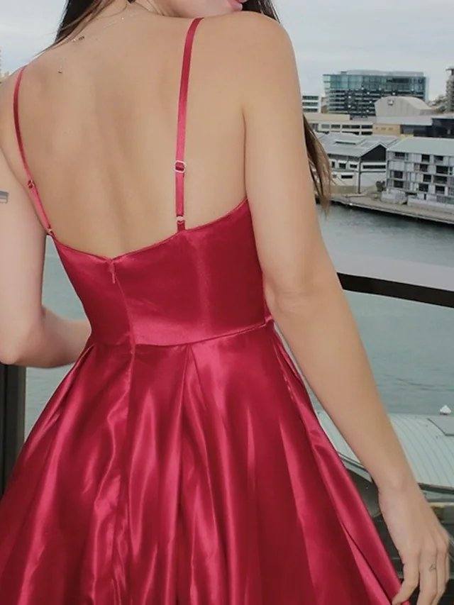 A-Line Minimalist Sexy Wedding Guest Prom Dress V Neck Spaghetti Strap Sleeveless Court Train Satin with Sleek - RongMoon