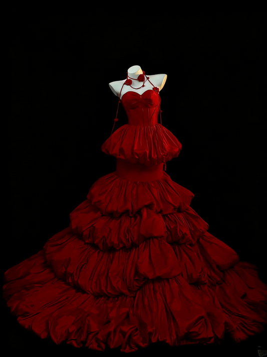 Dark Romantic Style Scarlet Rose Tiered Strapless Gown - Dinner & Gothic Theme Ball Dress gh6560