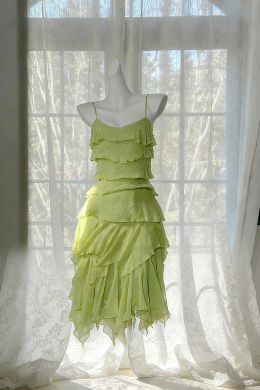 ✨Lime Green Ruffled Sequin Dress - Asymmetric Hem Cami Party Gown gh6941