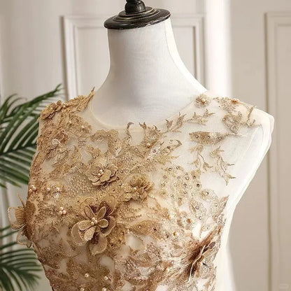 Girlhomeshops-Champagne shimmering gold gorgeous floral bead decoration and formal ball dress with lace up, stunning wedding dress gh5311