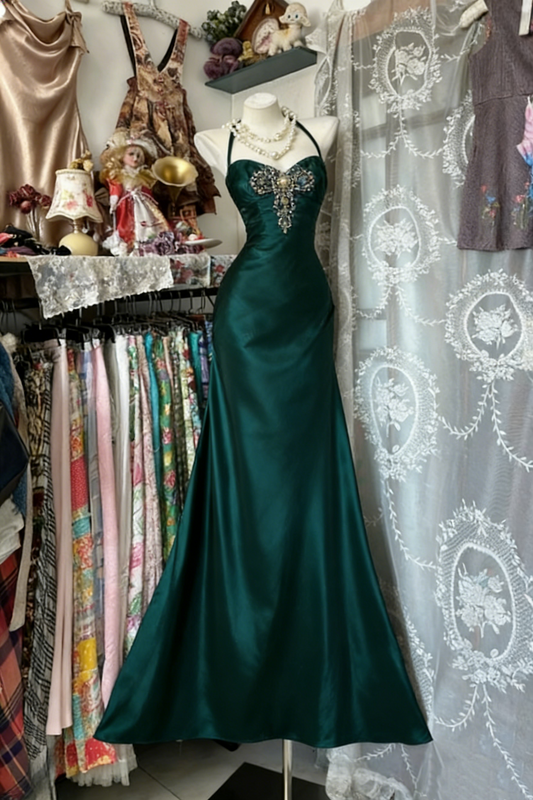 Green retro elegant long satin Prom dress gh6841