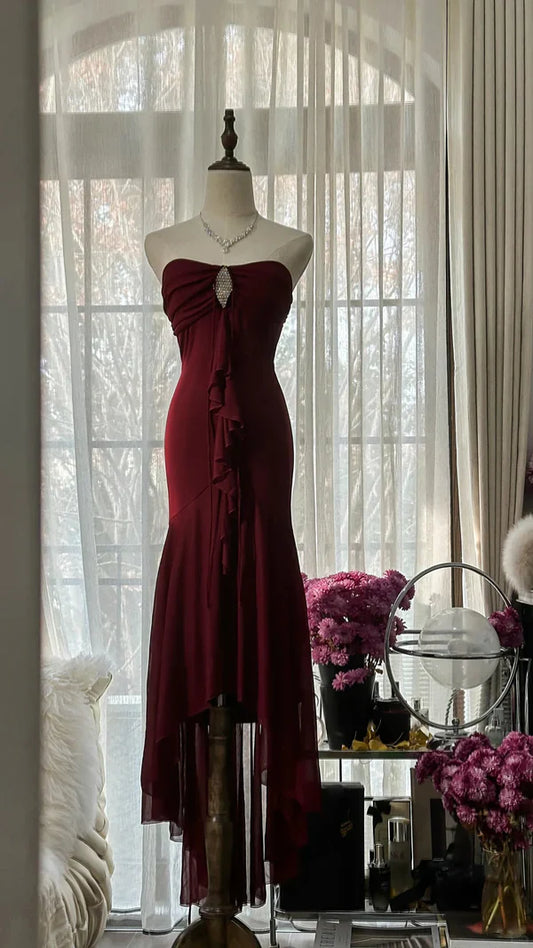Burgundy Vintage Elegant Exquisite Gem Beaded Long Chiffon Evening Gown Sleeveless Ball Gown Birthday/Wedding Guest Party Dress gh4101