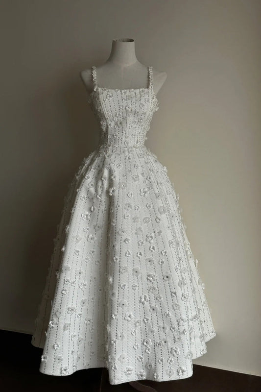 White delicate floral long chiffon evening gown wedding dress gh6805