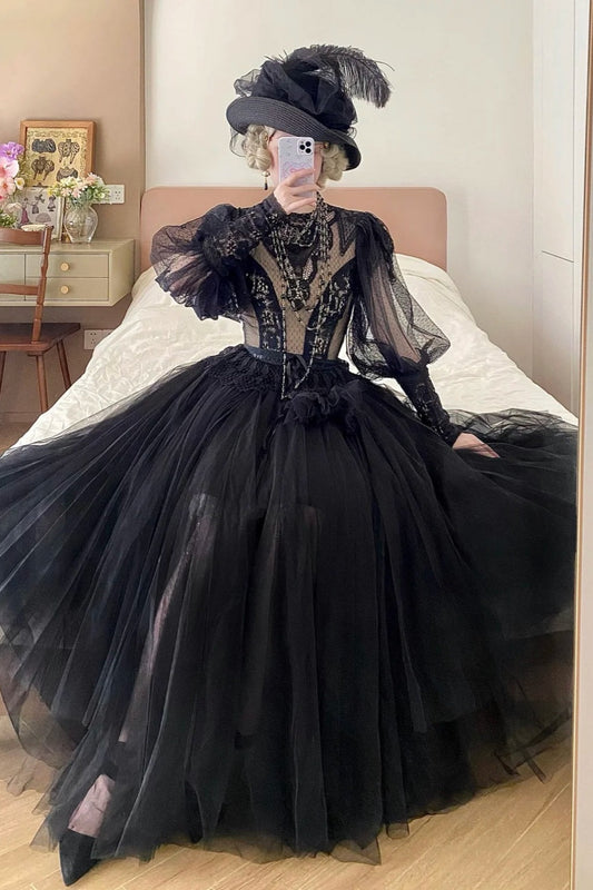 Dark Gothic Lace Tulle High Neck Long Sleeve Floor-length Ballgown Victorian Gothic Evening·Theme Party Dress gh6741