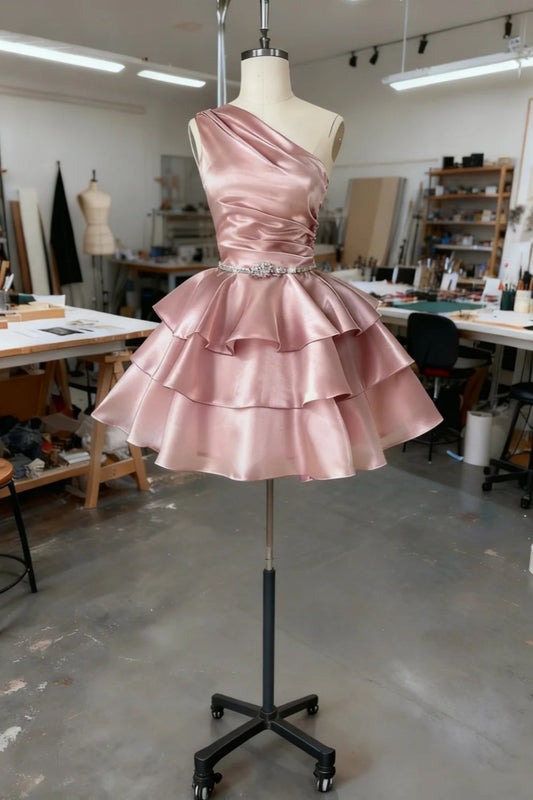 girlhomeshops-Pink Satin One-Shoulder Ruffled Short Birthday Dress gh6164