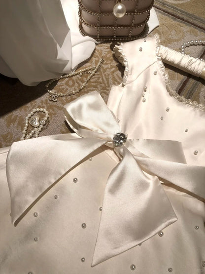 Girlhomeshops-White Beaded Short Satin Eighth Grade Dress Homecoming Dress Birthday Party Dress gh5291