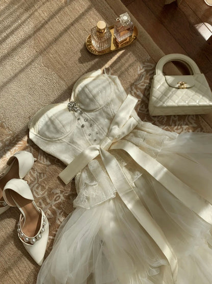 Viral Trend! Cream Satin Tie-Waist Dress Date Night Fairy Gown gh7002