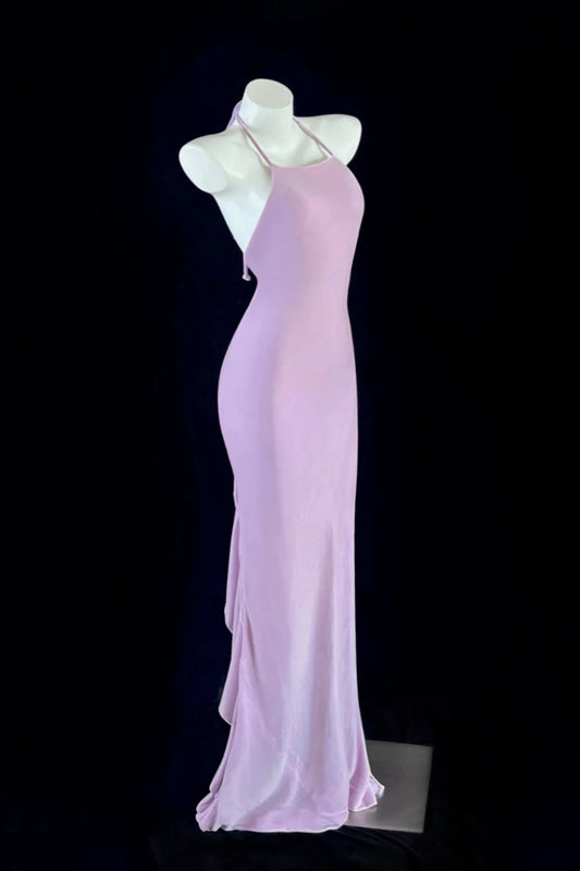 Lilac Satin Halter Backless Maxi Evening Dress - Custom Color/Size Plus Size Formal Gown gh6742