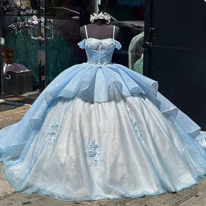 Elegant Shiny Embroidery Sweet 16 Quinceanera A-Line Floor-length Prom Dress Birthday Dress Evening Dress Ball Gown HZ1024