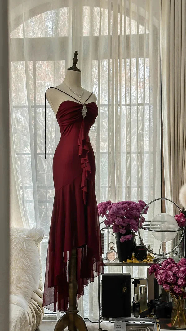 Burgundy Vintage Elegant Exquisite Gem Beaded Long Chiffon Evening Gown Sleeveless Ball Gown Birthday/Wedding Guest Party Dress gh4101