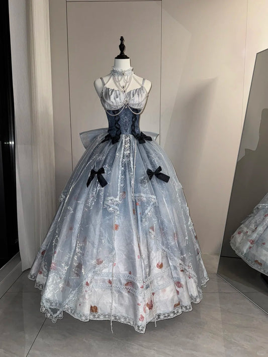 Girlhomeshops-Gray Blue Fantasy Floral Long Tulle Ball Gown Quinceanera Dresses gh5052