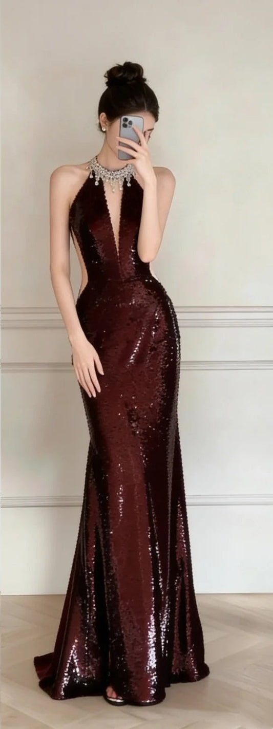 Burgundy long shiny elegant evening gown gh6903