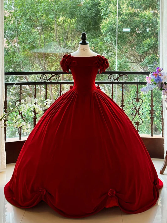 Girlhomeshops-Burgundy Elegant Retro Long Velvet Quinceanera Dresses Prom Dress Graduation Dress Princess gh5005
