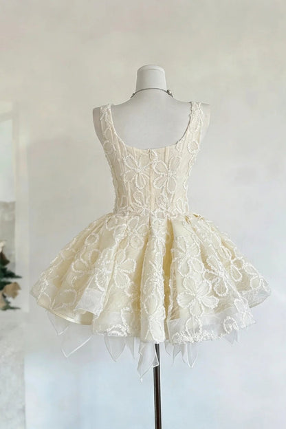 Soft White Flower Cluster Sleeveless Lace Mini Ball Gown gh6920