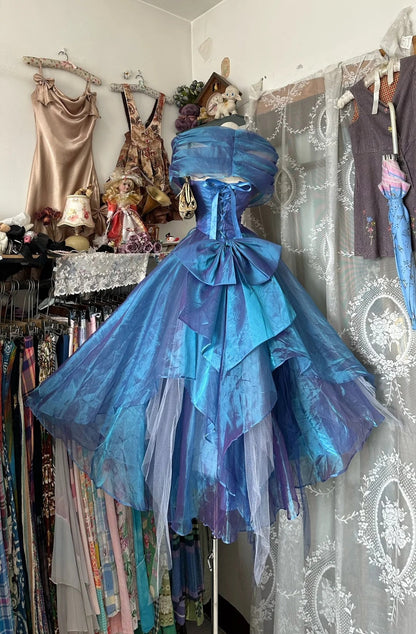 Vintage Court Style Blue-Purple Ombre Off-the-Shoulder Lace Ball Gown, Iridescent Organza Prom Dress  gh7091