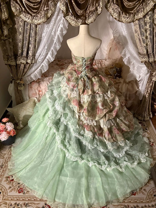 girlhomeshops-Forest Fairy Tale Style：Watercolor Floral Tulle & Lace - Paneled Strapless Train - Bearing Evening Dress gh5896