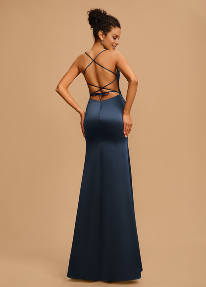 Bodycon/straight V-neck floor-length pleated satin prom dress