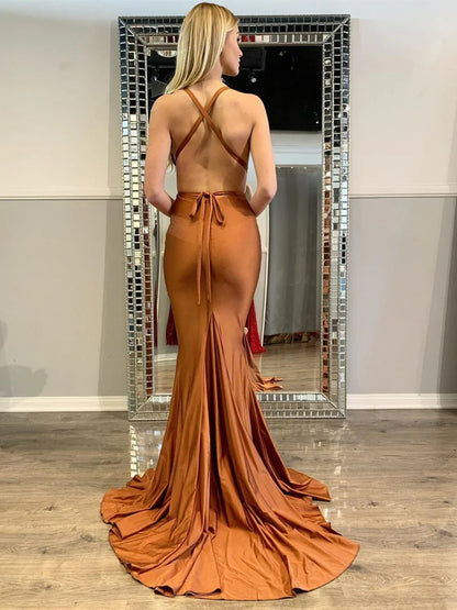 Jimiss sexy long mermaid V-neck satin backless graduation formal prom dress