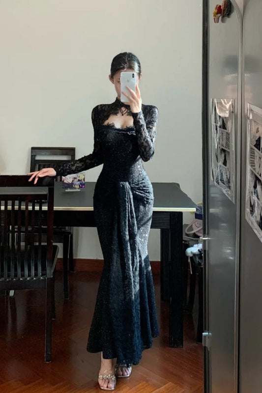 Black long sleeved exquisite lace long elegant Prom dress graduation formal dress gh6629