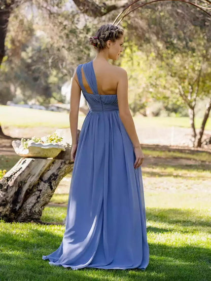 Classic A-line shoulder and floor chiffon asymmetrical shoulder cut zipper back Prom Dresses
