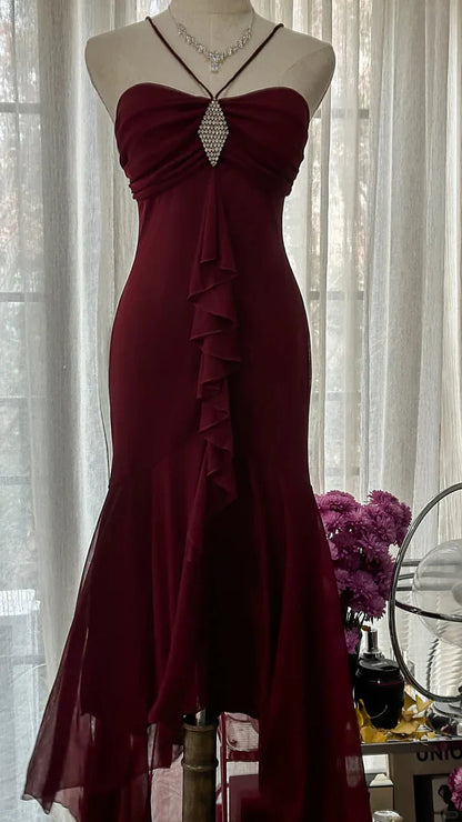 Burgundy Vintage Elegant Exquisite Gem Beaded Long Chiffon Evening Gown Sleeveless Ball Gown Birthday/Wedding Guest Party Dress gh4101