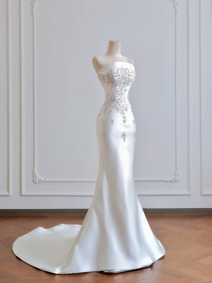 Girlhomeshops--White exquisite beaded long satin prom wedding dress gh5483