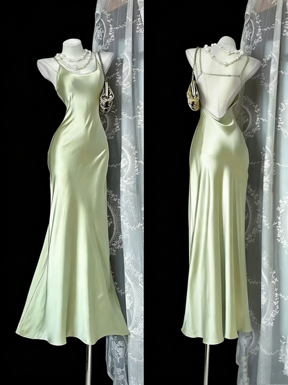 Light Mint Green Spaghetti Strap Gown - Satin Backless Mermaid Date/Light Evening/Vacation Maxi Dress gh6991
