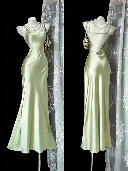 Light Mint Green Spaghetti Strap Gown - Satin Backless Mermaid Date/Light Evening/Vacation Maxi Dress gh6991