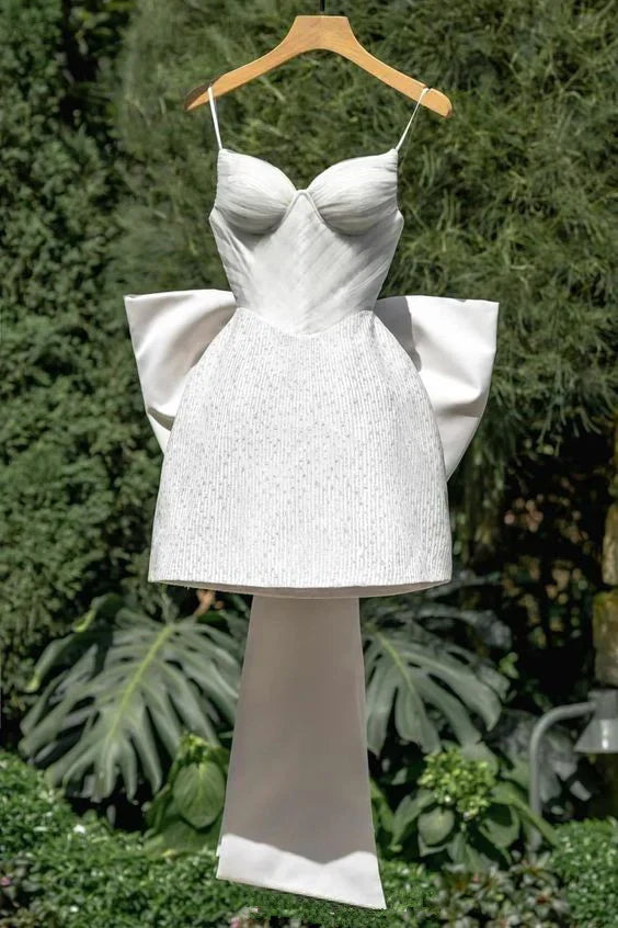 Cute White Sweetheart Spaghetti Strap Bow A-Line Short Party Dress Cocktail Dress Homecoming Dress HZ1024