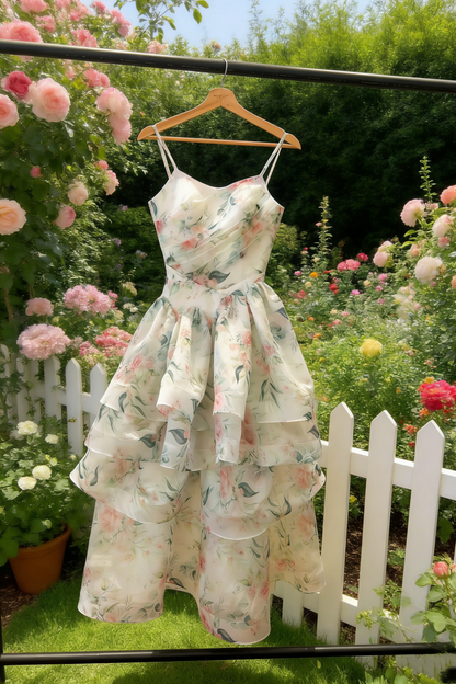 Pink & Green Floral Print Layered Organza Dress - Spring Fresh Style Gown gh6966