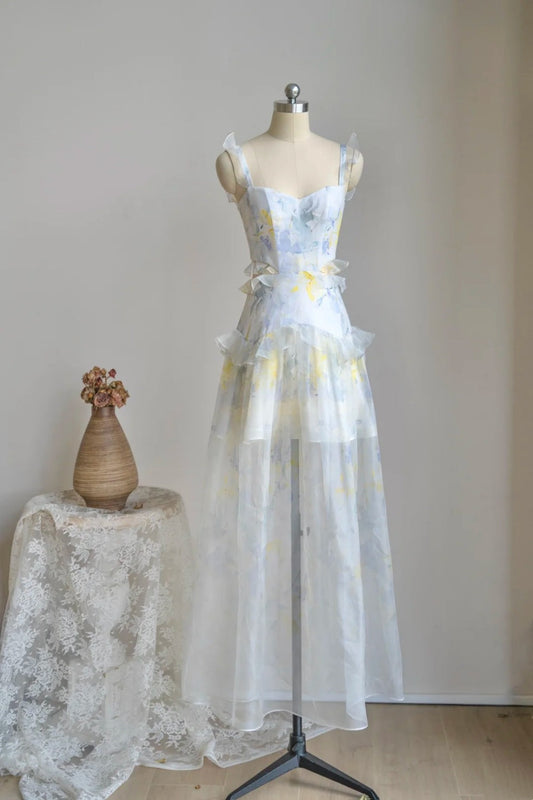 girlhomeshops- Vintage Watercolor Print Ruffled Spaghetti Strap Long Forest-Style Evening Gown gh6035