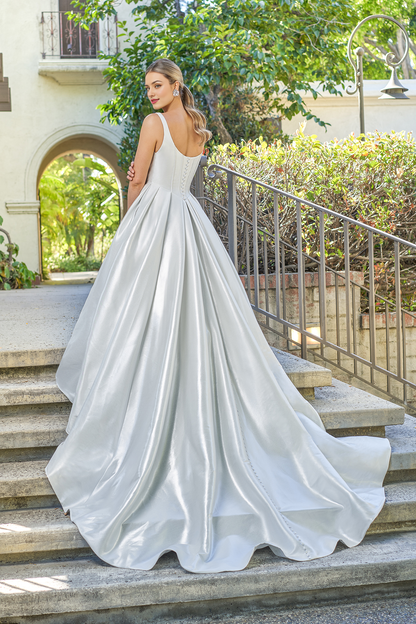 A-line square neckline tight fitting corset sleeveless backless and floor length wedding dress