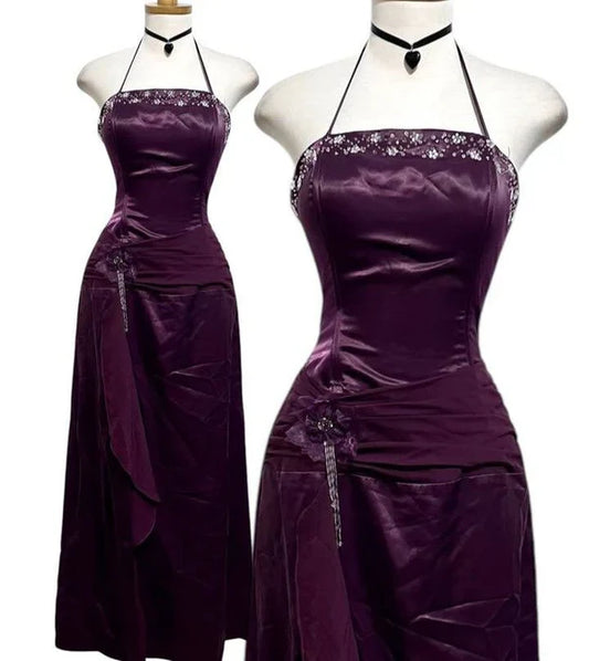 Purple Fashion Elegant Vintage Backless Exquisite Beaded Halter Prom Party Dress Long Satin Formal Evening Dress Ball Gown gh3896