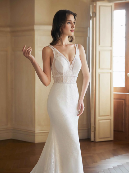 Sexy fish tail backless V-neck ultra long lace wedding dress