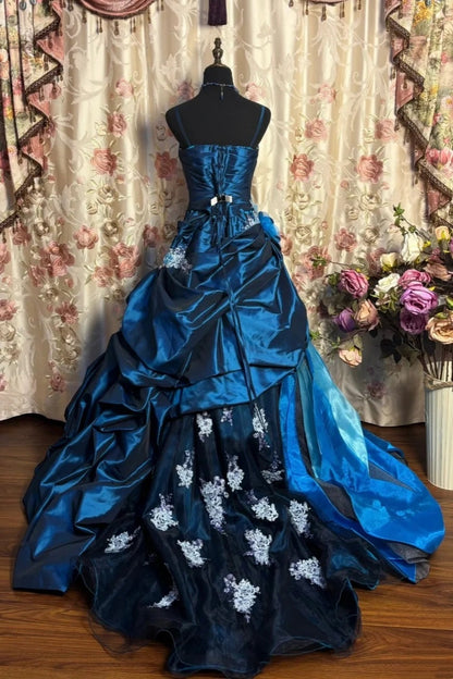 Luxury Court Style Deep Sea Blue Gradient Satin Embroidered Train Gown - Theme Ball & Dinner Dress gh6543