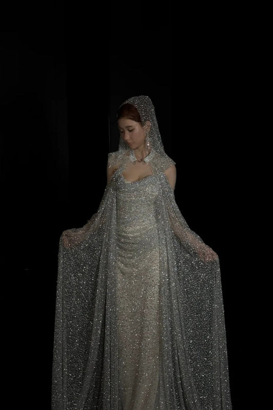 Sparkling and glamorous long evening gown with hood gh6828