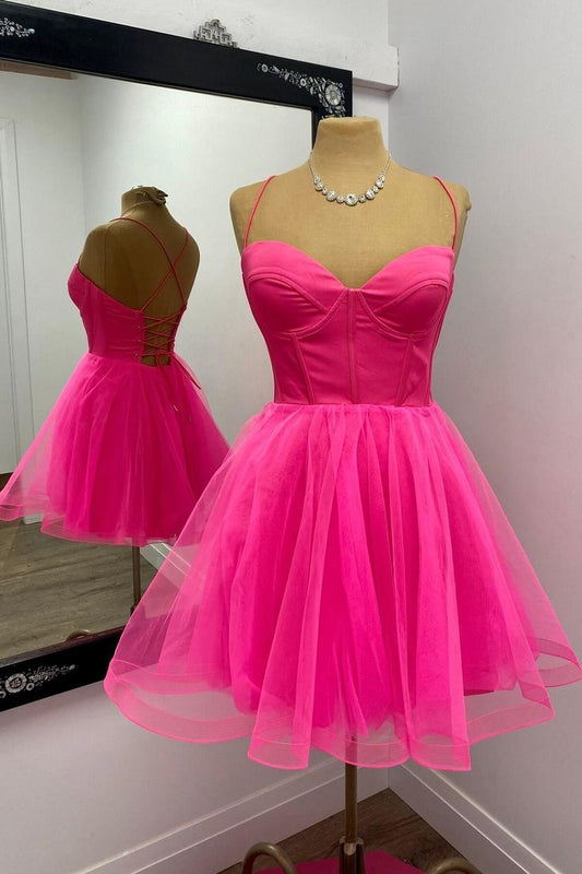 Hot Pink Corset A-line Short Cocktail Dress Back Open