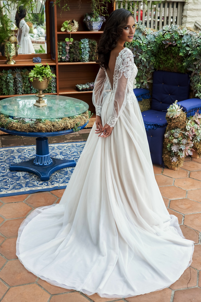 A-line V-neck embroidered lace chiffon and floor length wedding dress