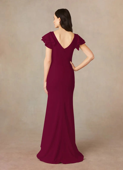 Mermaid spoon pleated crepe floor length mother of the bride dress