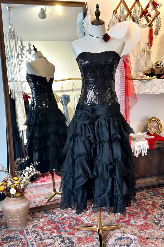 Retro Hot Girl-style Black Dress: Bandeau Waist, Sequin Fabric, Date Eye-catching Dress gh6584