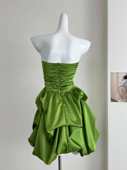 Green cute sweet tube top short satin homecoming dress birthday party dress holiday small dress gh3944
