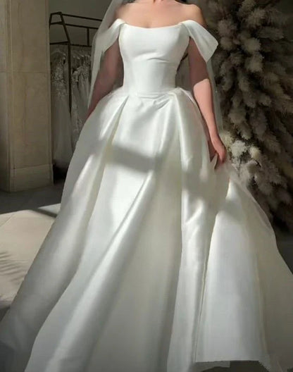Girlhomeshops-White satin off-the-shoulder long floor-length wedding prom dress gh5392