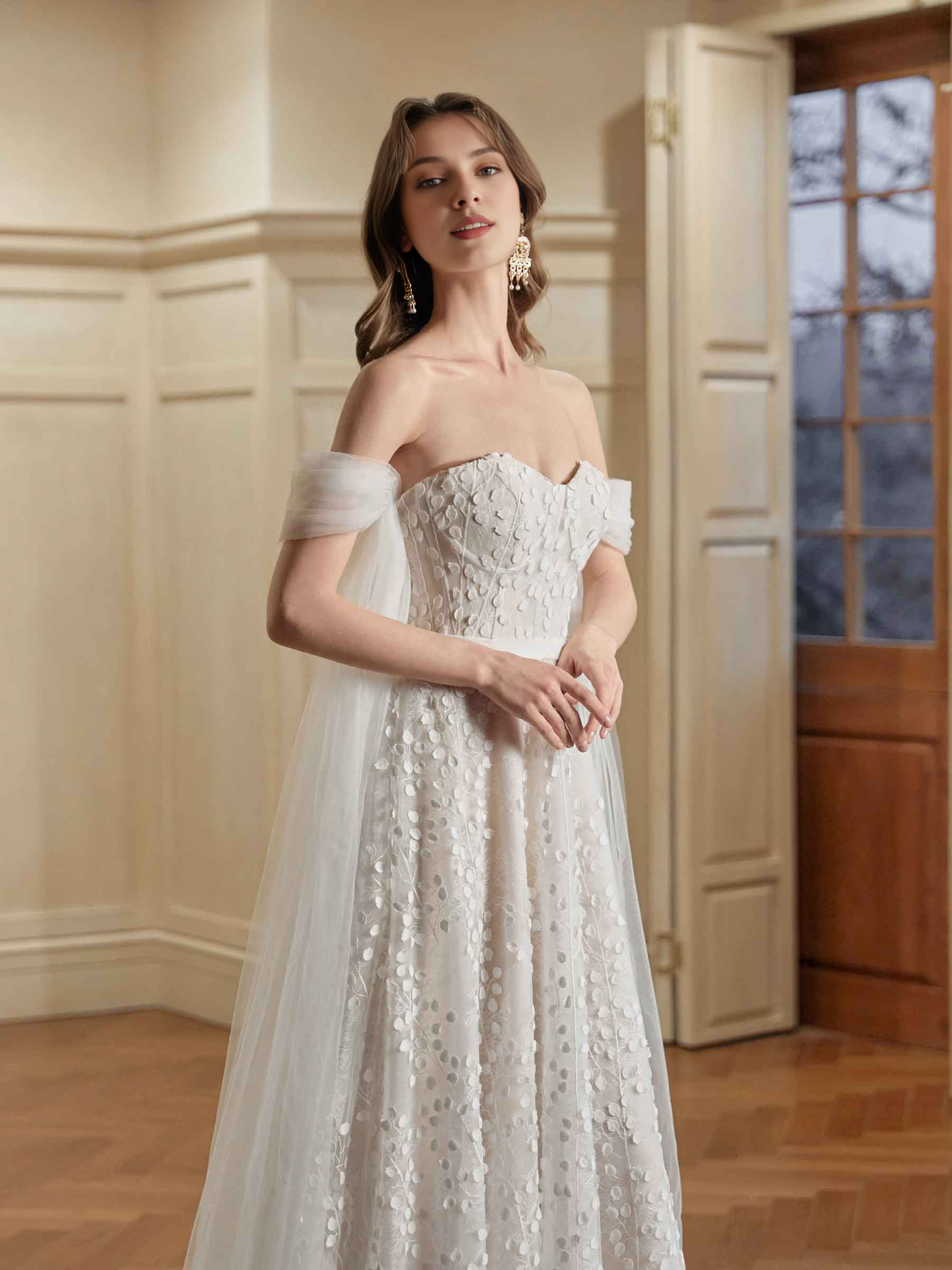 Ivory A-line off shoulder sweetheart super long lace wedding dress