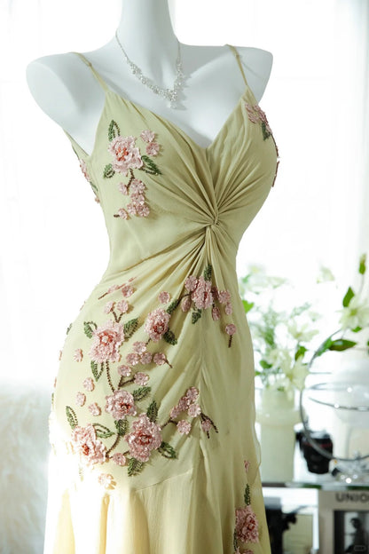 Yellow Elegant Romantic Delicate Pink Floral Beading Spaghetti Straps Midi/Short Chiffon Homecoming Ball Gown Evening Dress Birthday/Wedding Guest/Holiday Party Dress Prom Dress gh4023
