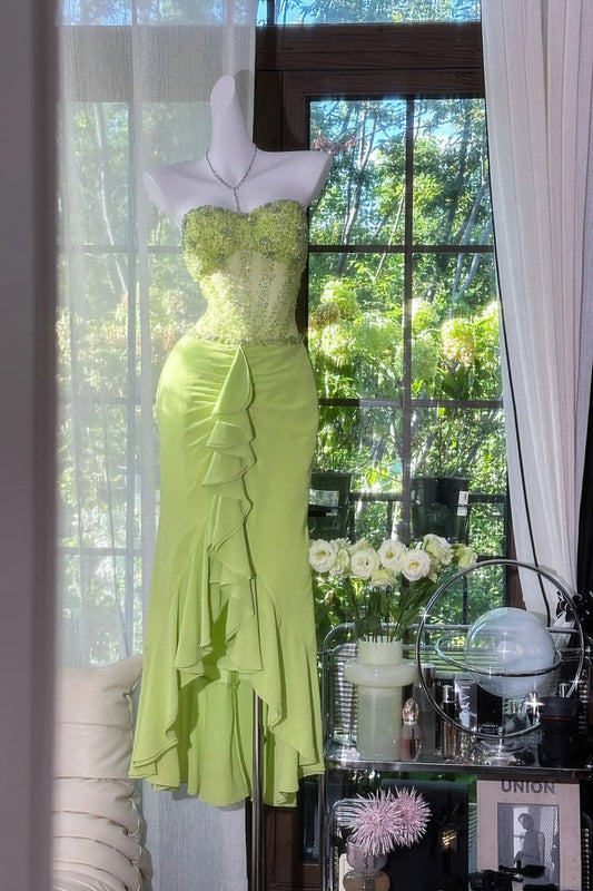 Green Romantic Fairy Exquisite Bead Decoration Long Chiffon Date Dress Party Dress gh6910