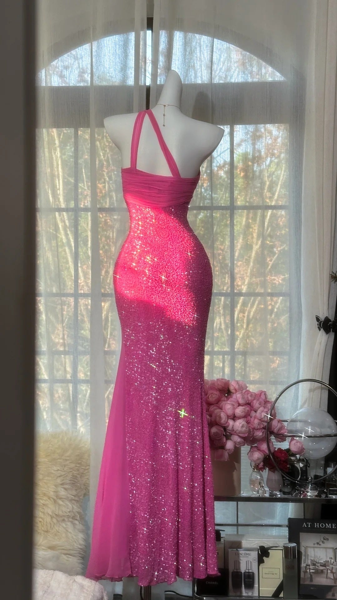 Pink Romantic Fairy Exquisite Bead Decoration Long Chiffon Date Dress Party Dress gh6911