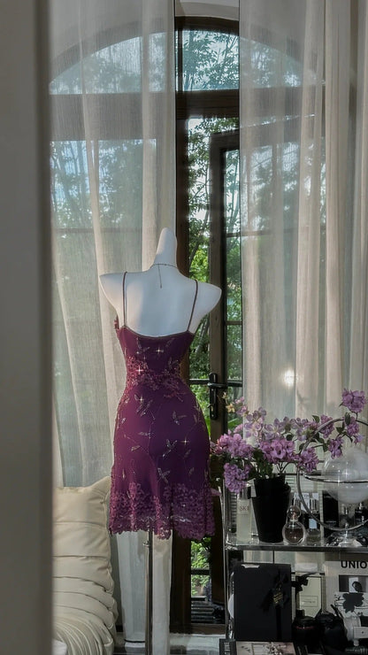 Purple Floral Gold Beaded Short Lace Chiffon Homecoming Dress Birthday Party Dress gh4621