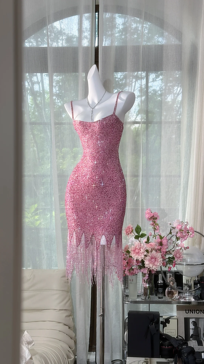 Vintage Pink Sparkling Sequin Spaghetti Strap Tassels Hem Romantic Evening Dress Prom Dresses HZ1024