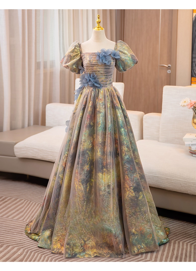 Vintage Court Retro Style Sweet 16 Quinceanera 3D Flowers Short-sleeved Evening Dress Long Ball Gown HZ1024